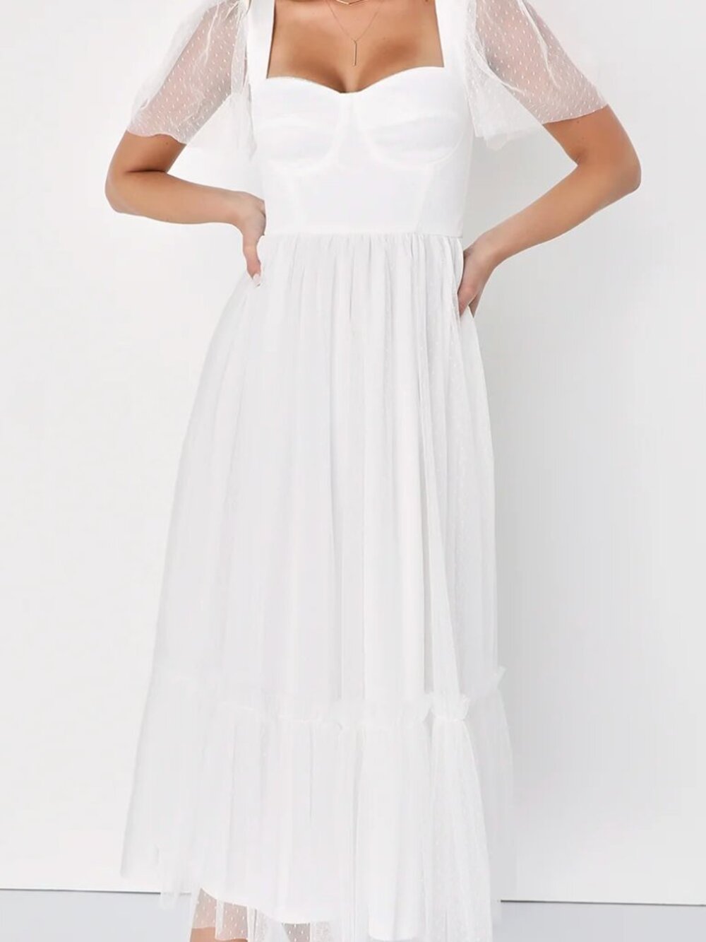 NWT Lulus Dreamy Celebration White Tulle Bustier Swiss Dot Midi Dress - Size M